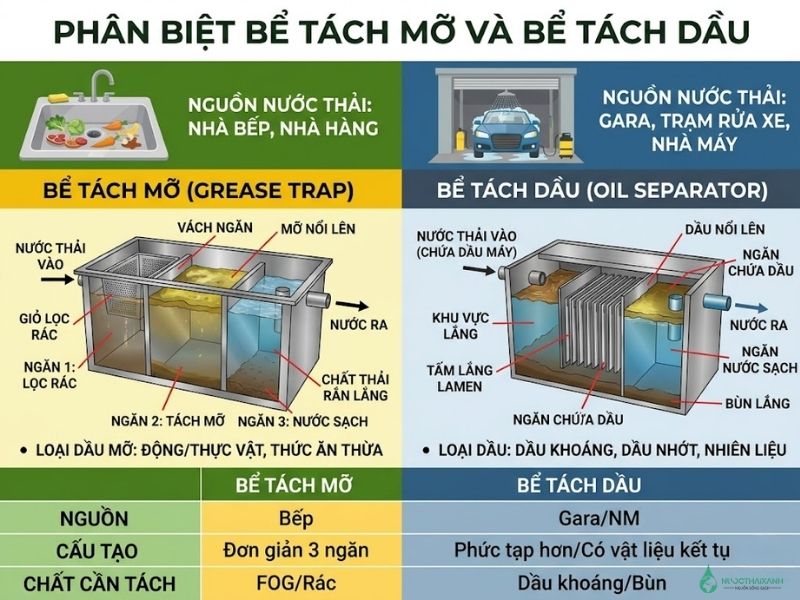Phân biệt bể tách mỡ và bể tách dầu